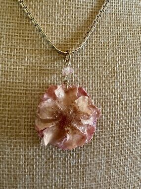 Real, Delicate Pink Rose Preserved in Enamel Pendant Necklace